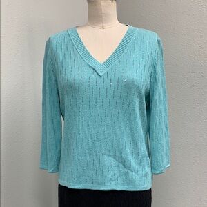 St. John Evening Turquoise Sequin Shimmer 3/4 Sleeve Knit Sweater Women’s sz 4